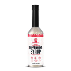 Lakanto Peppermint Syrup bottle close-up with festive zero sugar flavor.