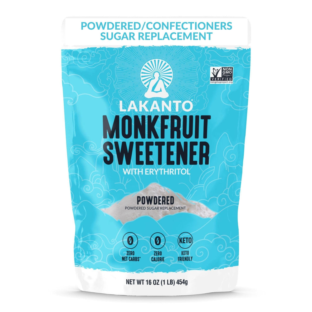 Lakanto powdered monk fruit sweetener bag in pantry for daily baking.