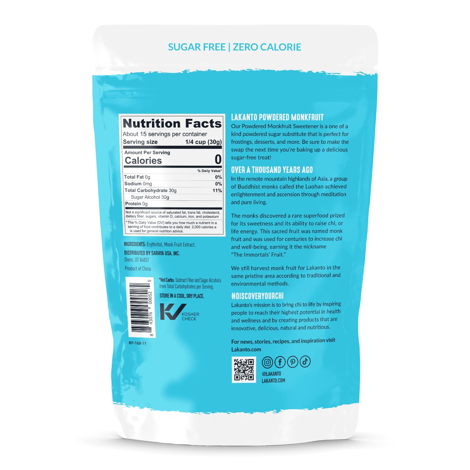 Lakanto measuring scoop with monk fruit sweetener for precise portions.