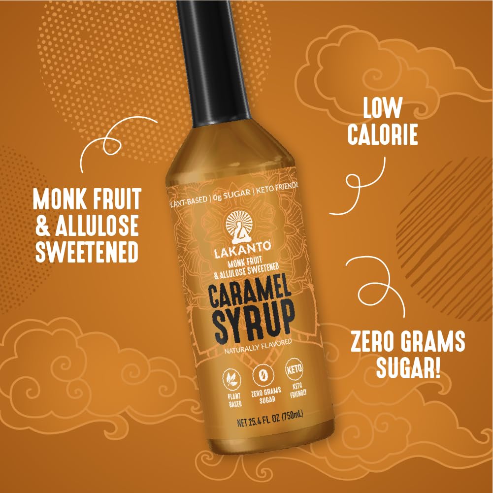 Lakanto Simple Syrup caramel bottle with cocktail glass, showcasing versatile drink use.