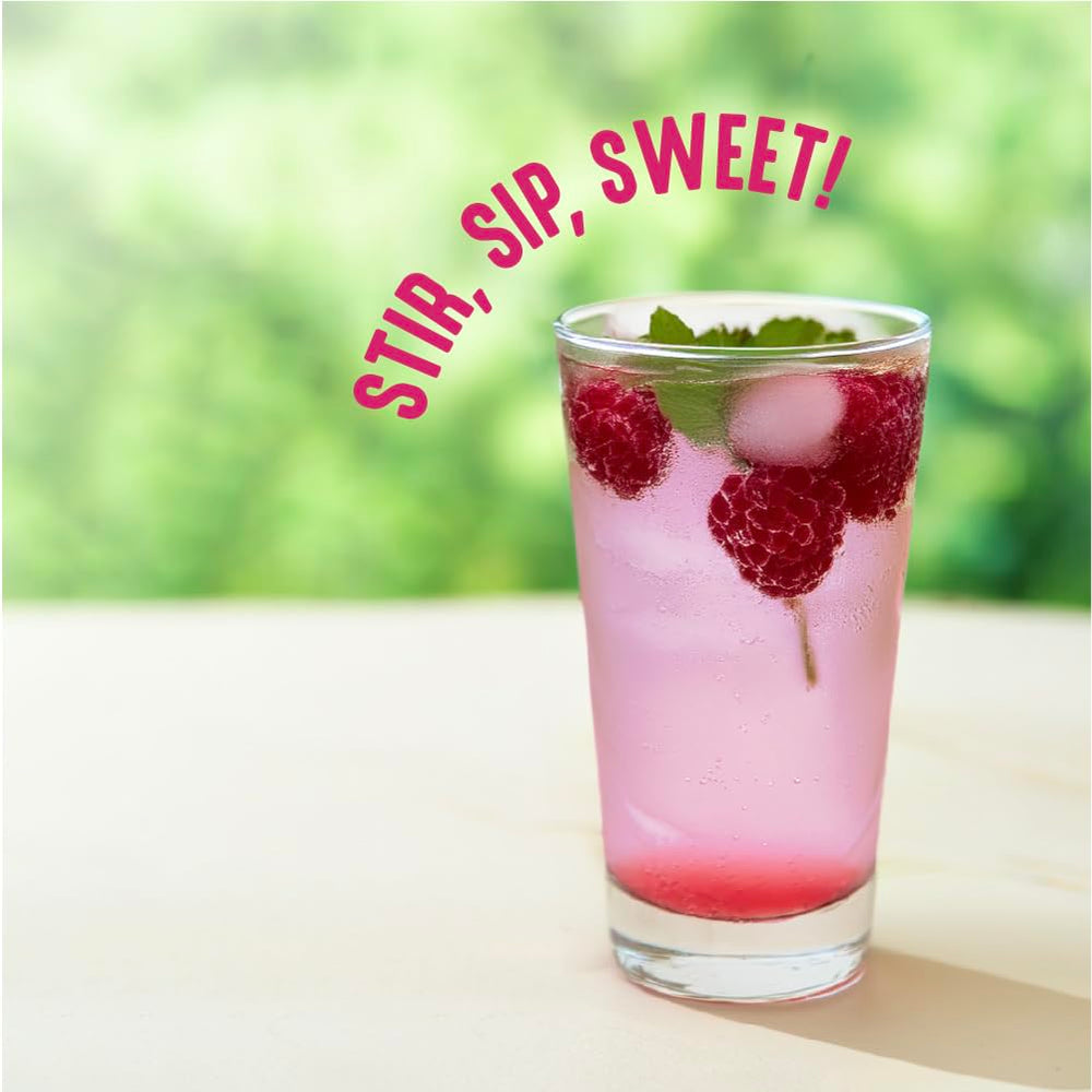 Lakanto Simple Syrup iced tea glass suggests light raspberry sweetness without sugar spikes