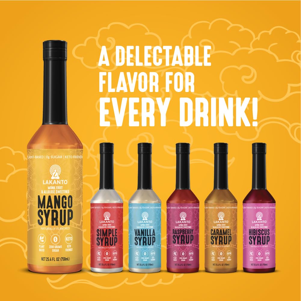 Close-up of Lakanto Mango syrup texture with vibrant mango color.