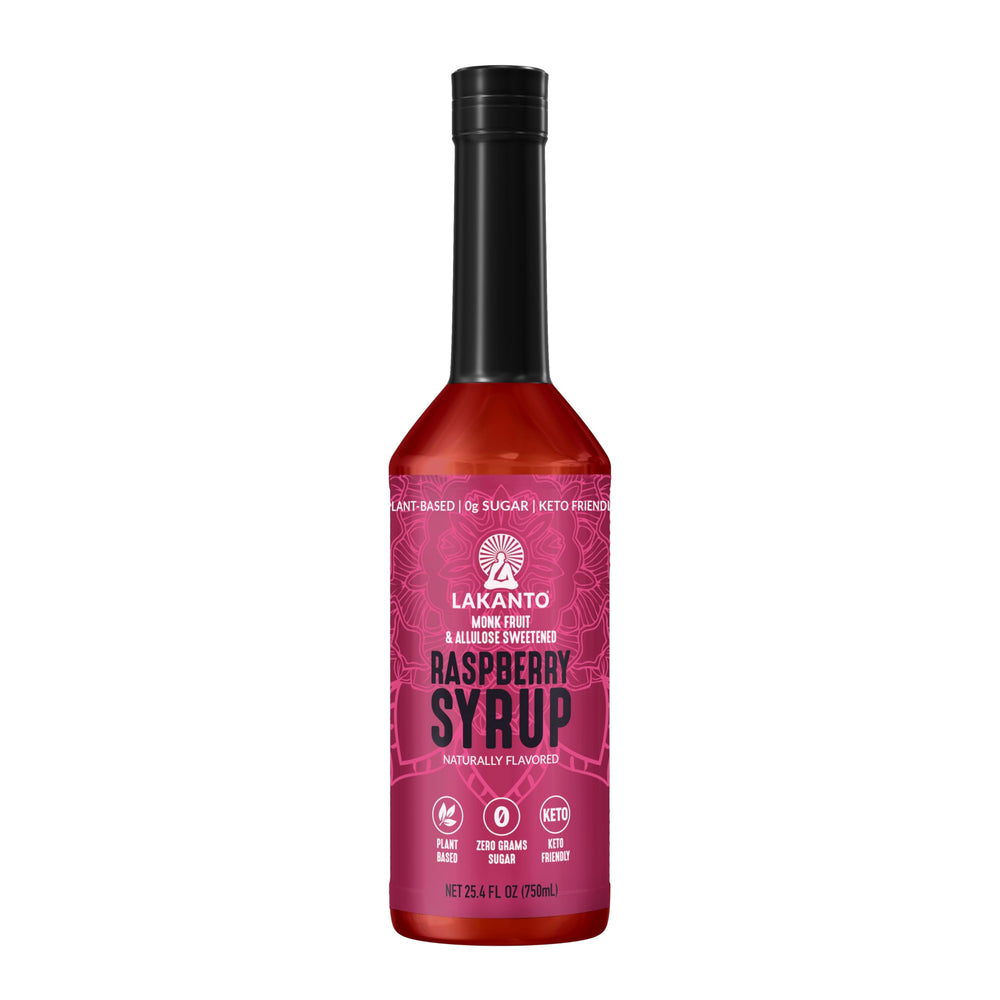Lakanto Simple Syrup raspberry bottle shows sugar-free sweetness for drinks