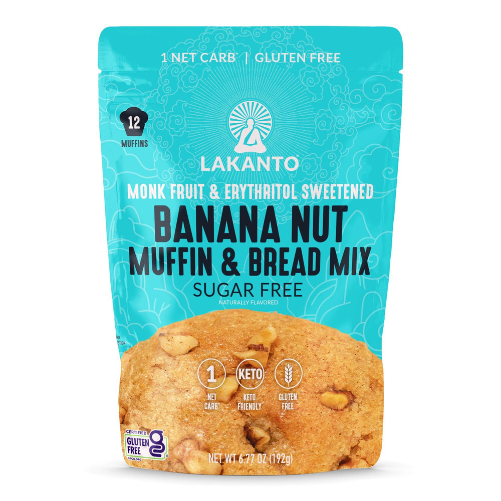 Lakanto sugar-free banana nut muffin mix package for gluten-free, keto-friendly baking.