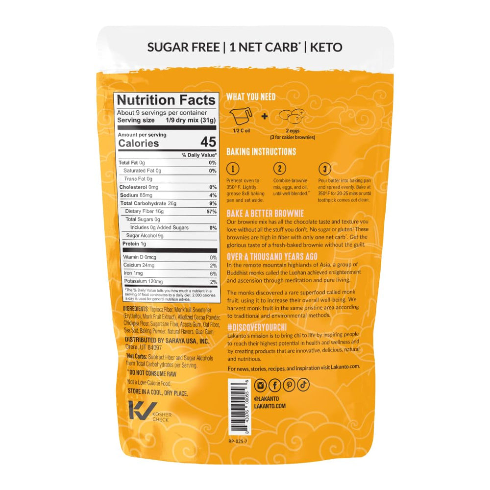 Lakanto brownie mix ingredients list featuring monk fruit and erythritol sweeteners