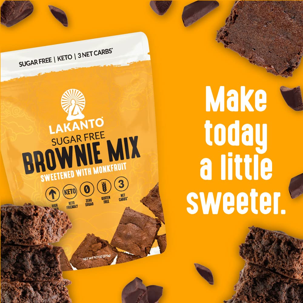 Pack of three Lakanto Sugar Free Brownie Mix boxes displayed.