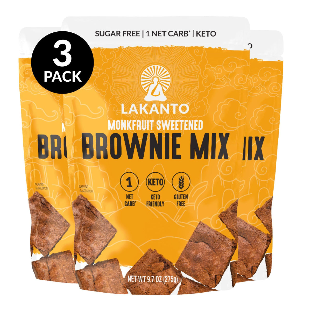 Lakanto Sugar Free Brownie Mix packaging shows gluten free, keto friendly dessert option.