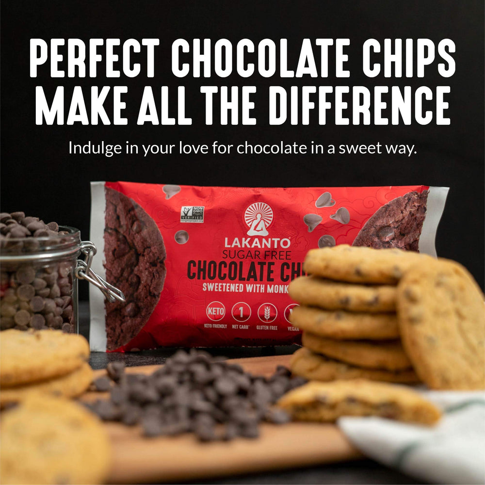 Lakanto Sugar Free Chocolate Chips stirred into pancake batter for breakfast-friendly indulgence.