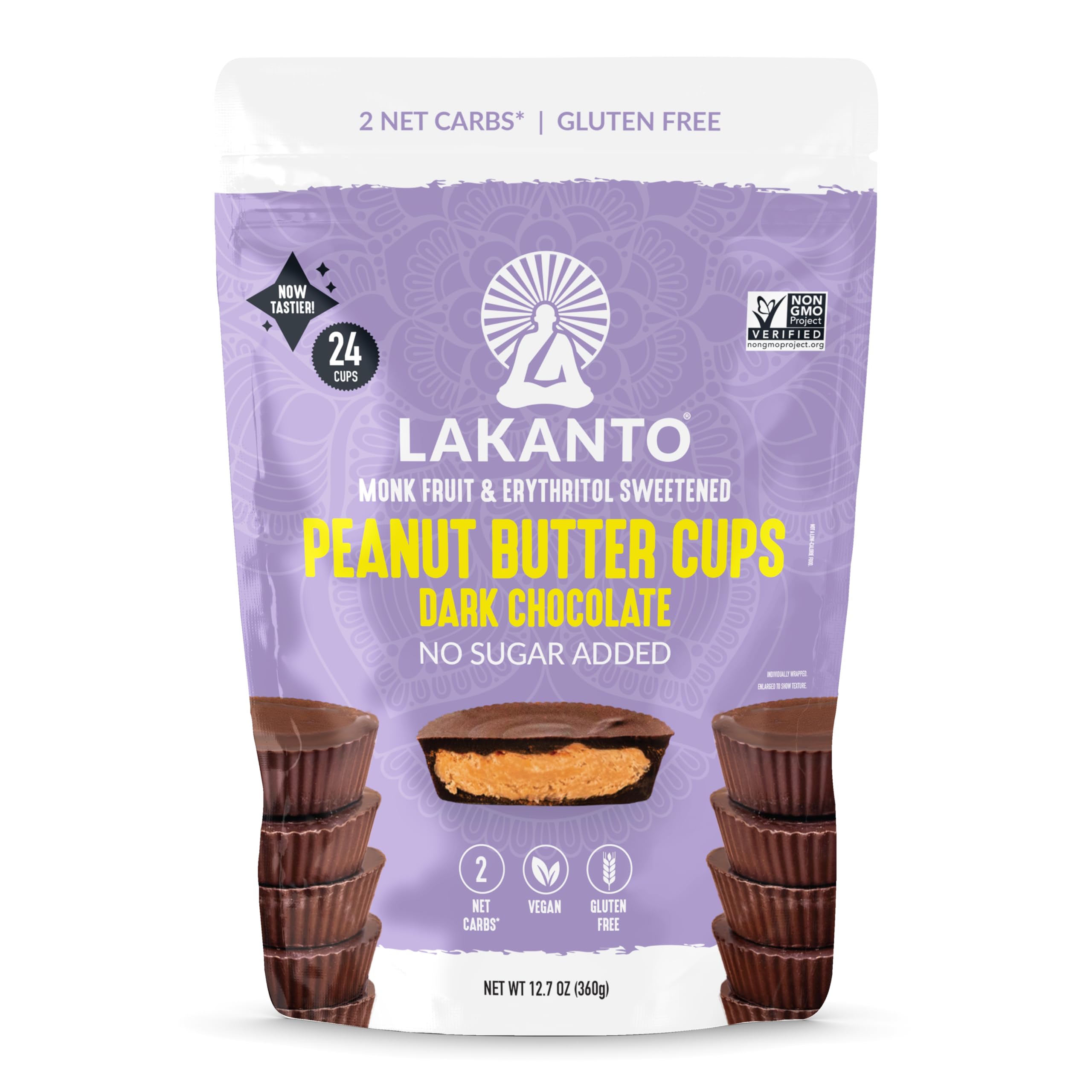Lakanto Sugar Free Chocolate Peanut Butter Cups pack image for keto-friendly on-the-go snacking.