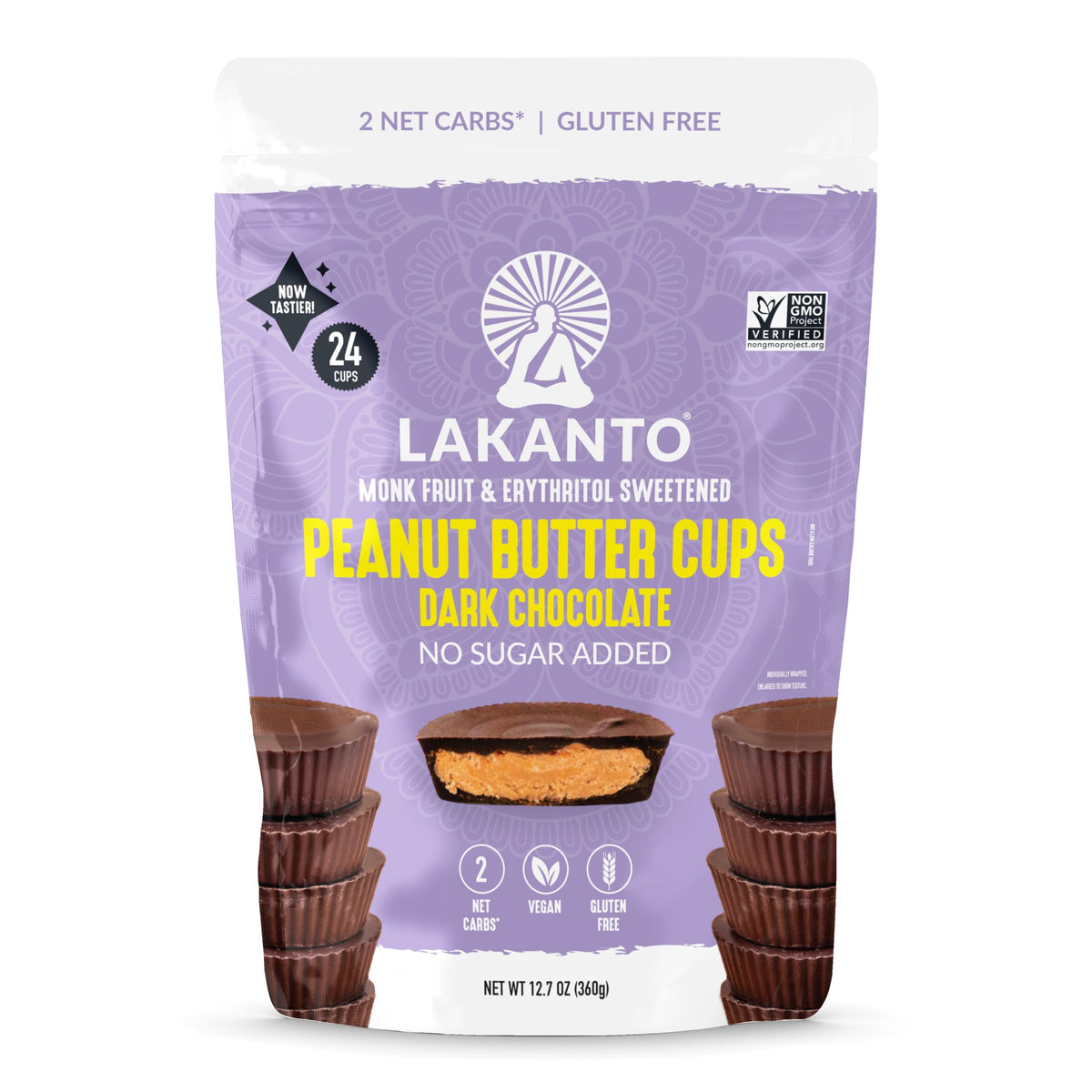 Lakanto Sugar Free Chocolate Peanut Butter Cups pack image for keto-friendly on-the-go snacking.