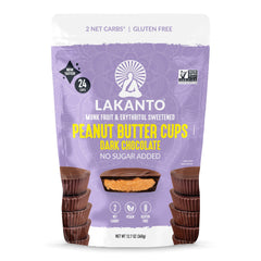 Lakanto Sugar Free Chocolate Peanut Butter Cups pack image for keto-friendly on-the-go snacking.