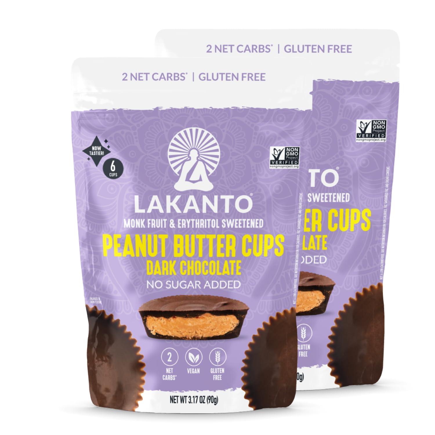 Lakanto sugar-free chocolate peanut butter cups pack front, keto-friendly snack.