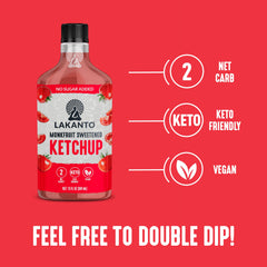 Lakanto Sugar-Free Ketchup close-up label showing monk fruit sweetness and ingredients.