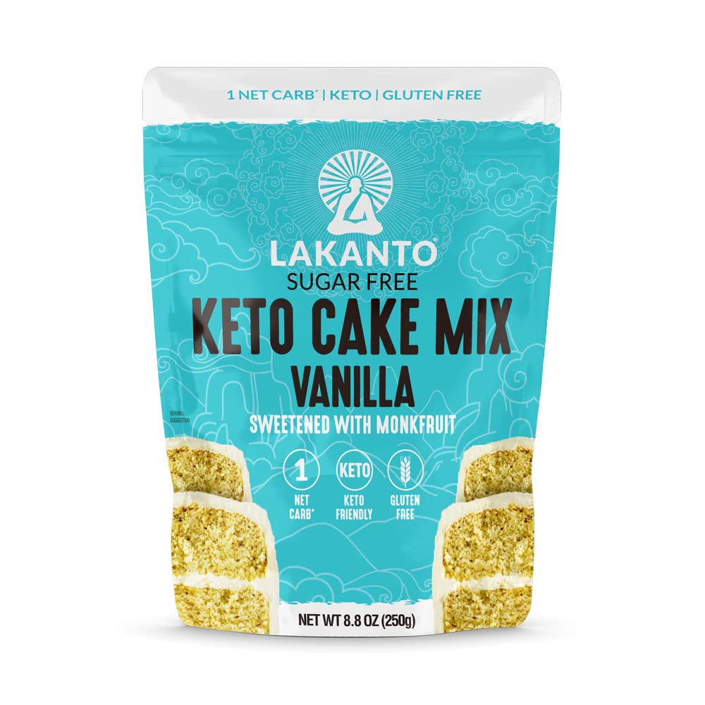 Lakanto sugar free keto vanilla cake mix packaging shown for tasteful baking