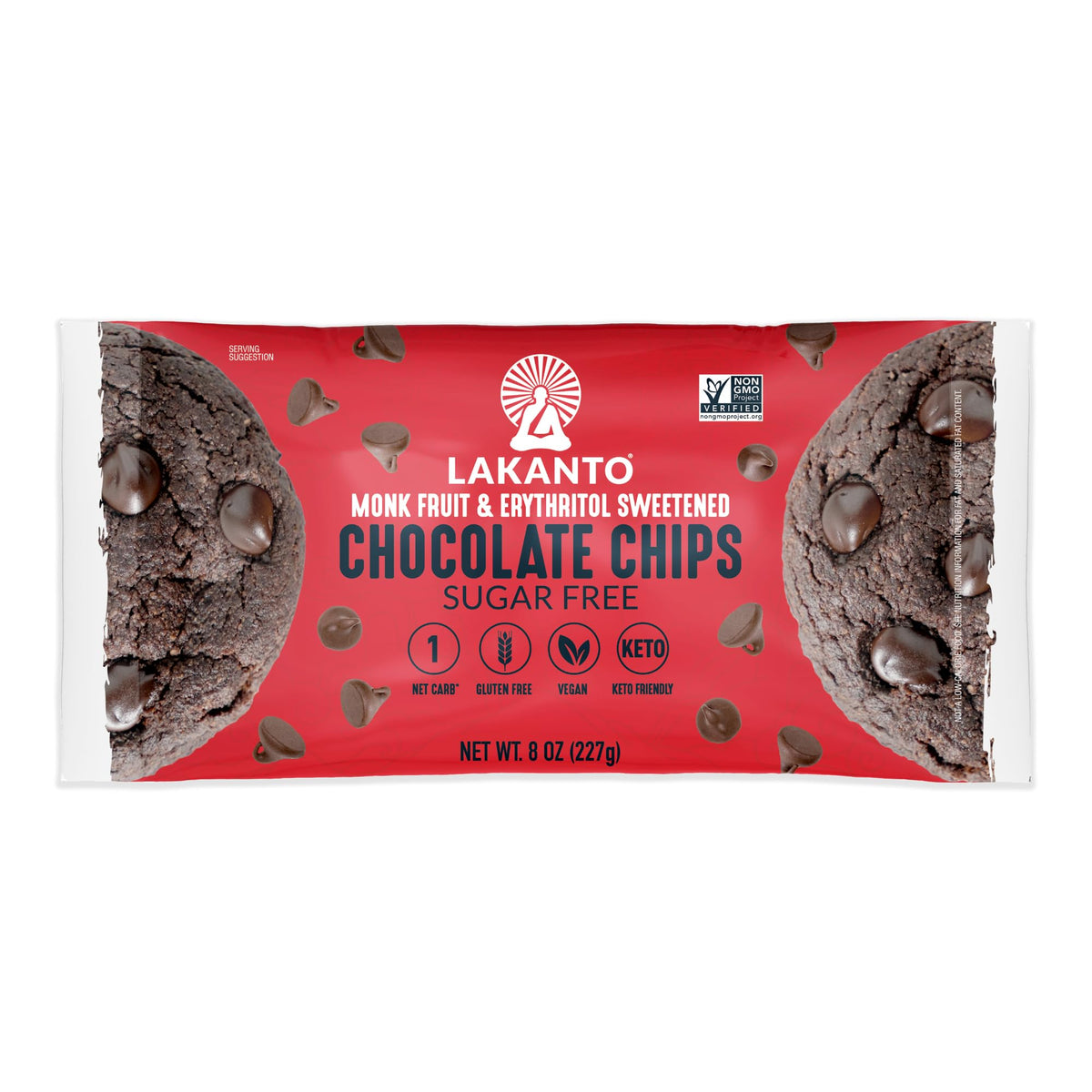 Lakanto Sugar-Free Semi-Sweet Chocolate Chips bag, keto-friendly indulgence for low-sugar baking.
