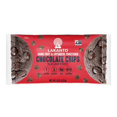 Lakanto Sugar-Free Semi-Sweet Chocolate Chips bag, keto-friendly indulgence for low-sugar baking.