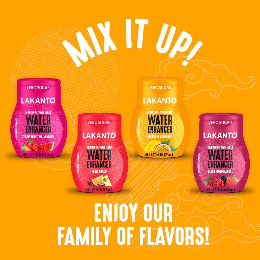 Lakanto mango-passionfruit swirl into water for a refreshing drink
