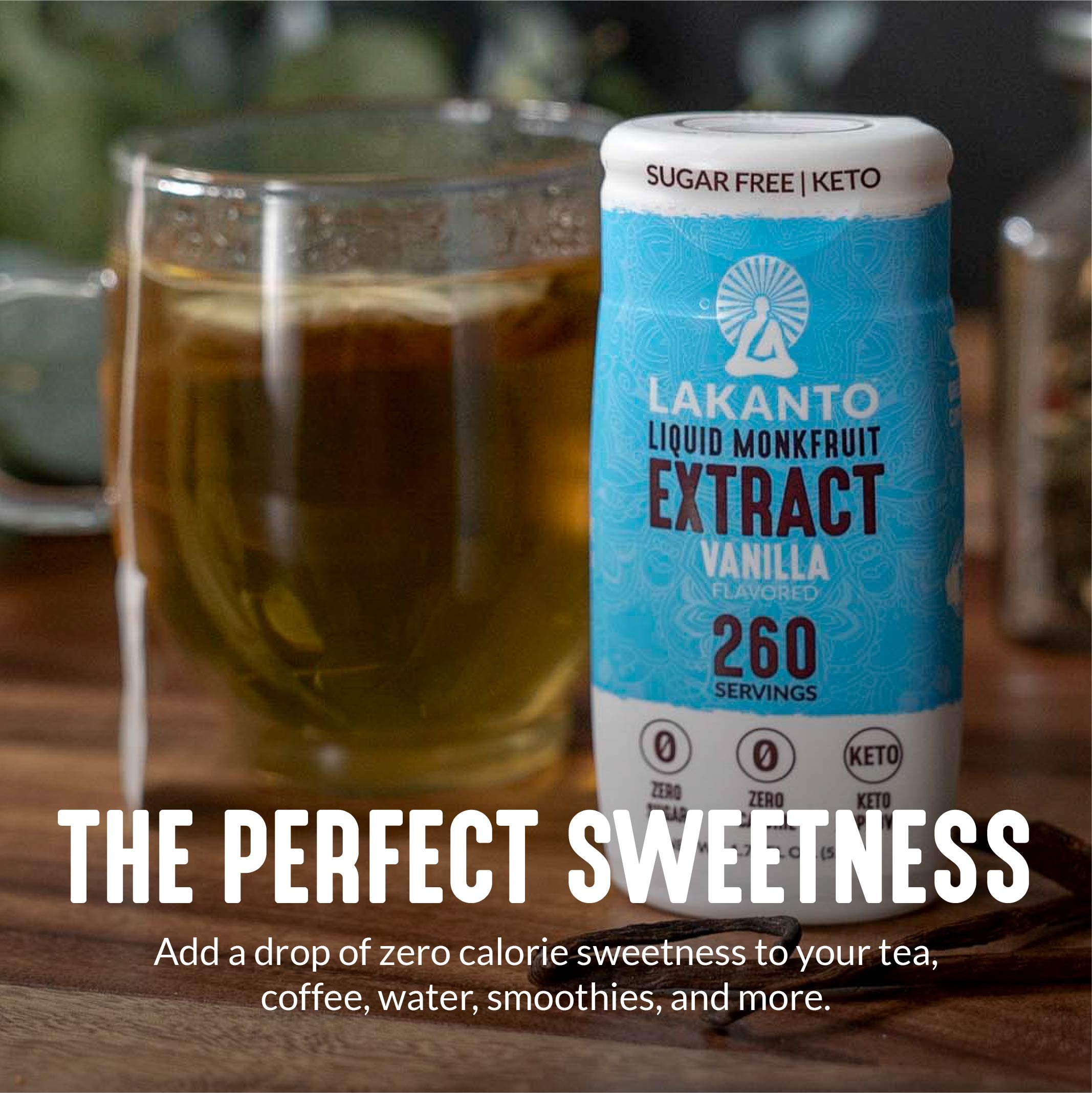 Lakanto Vanilla Monk Fruit Drops in a smoothie for natural sweetness without sugar.