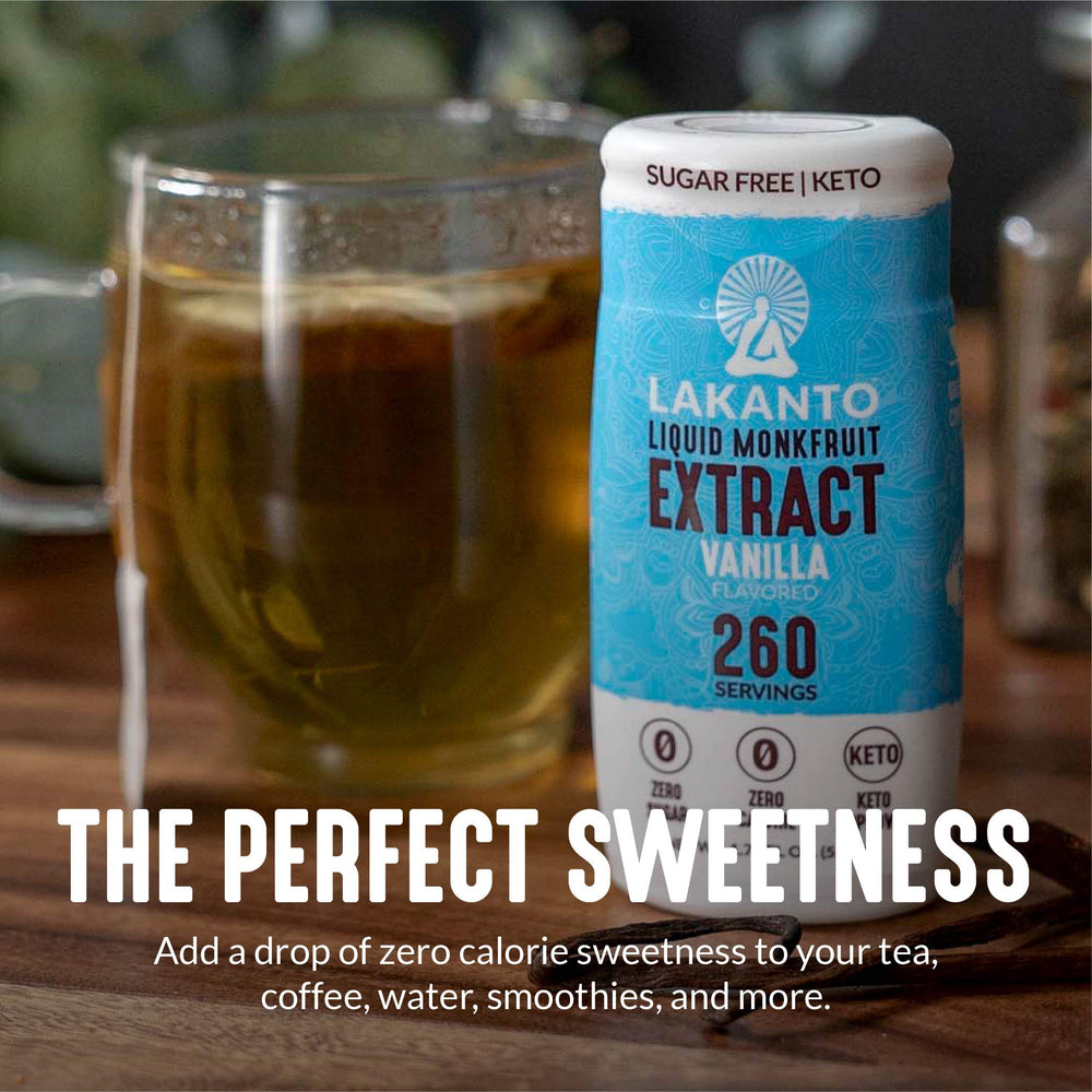Lakanto Vanilla Monk Fruit Drops in a smoothie for natural sweetness without sugar.
