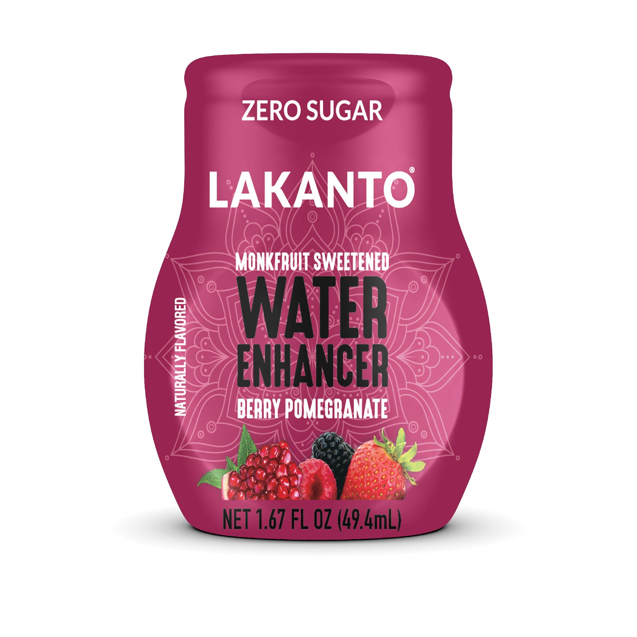 Lakanto water enhancer Berry Pomegranate bottle showing zero sugar option for hydration
