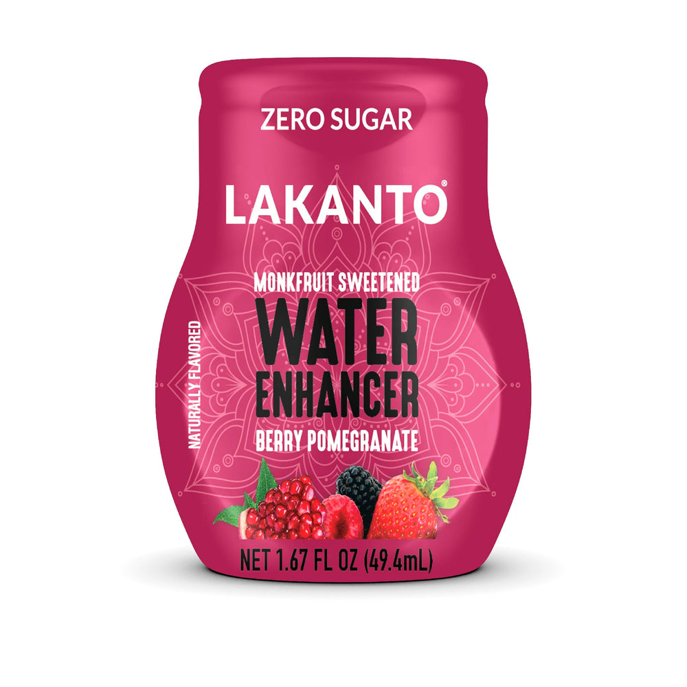 Lakanto water enhancer Berry Pomegranate bottle showing zero sugar option for hydration