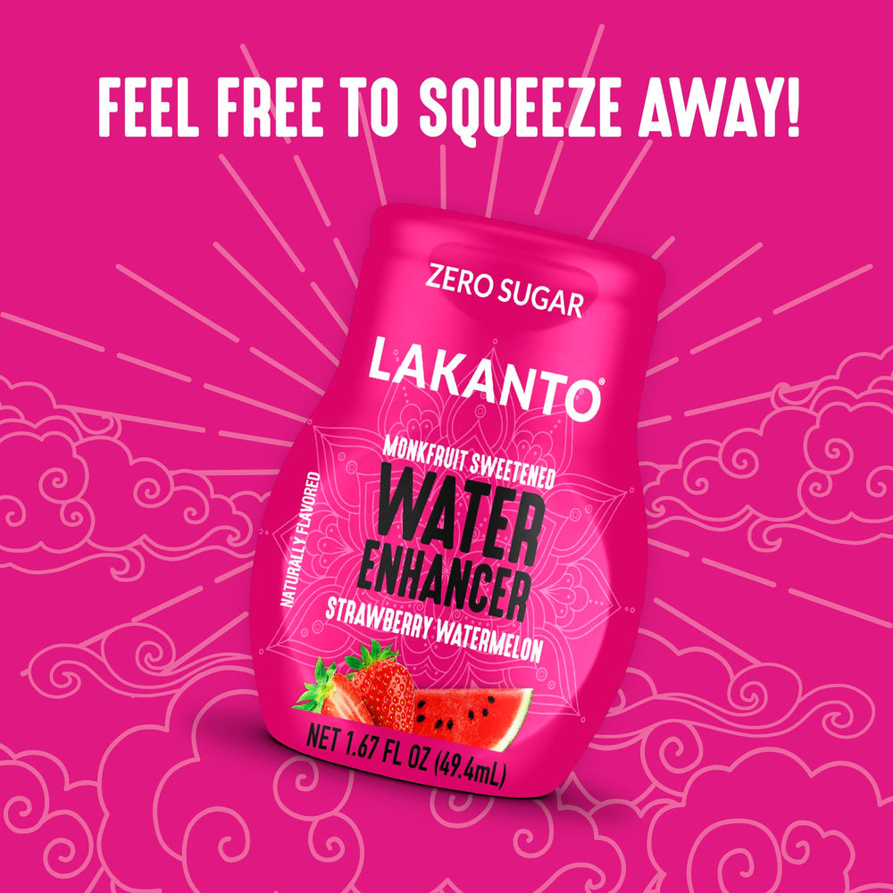 Lakanto Water Enhancer glass filled with pink strawberry watermelon hydration.