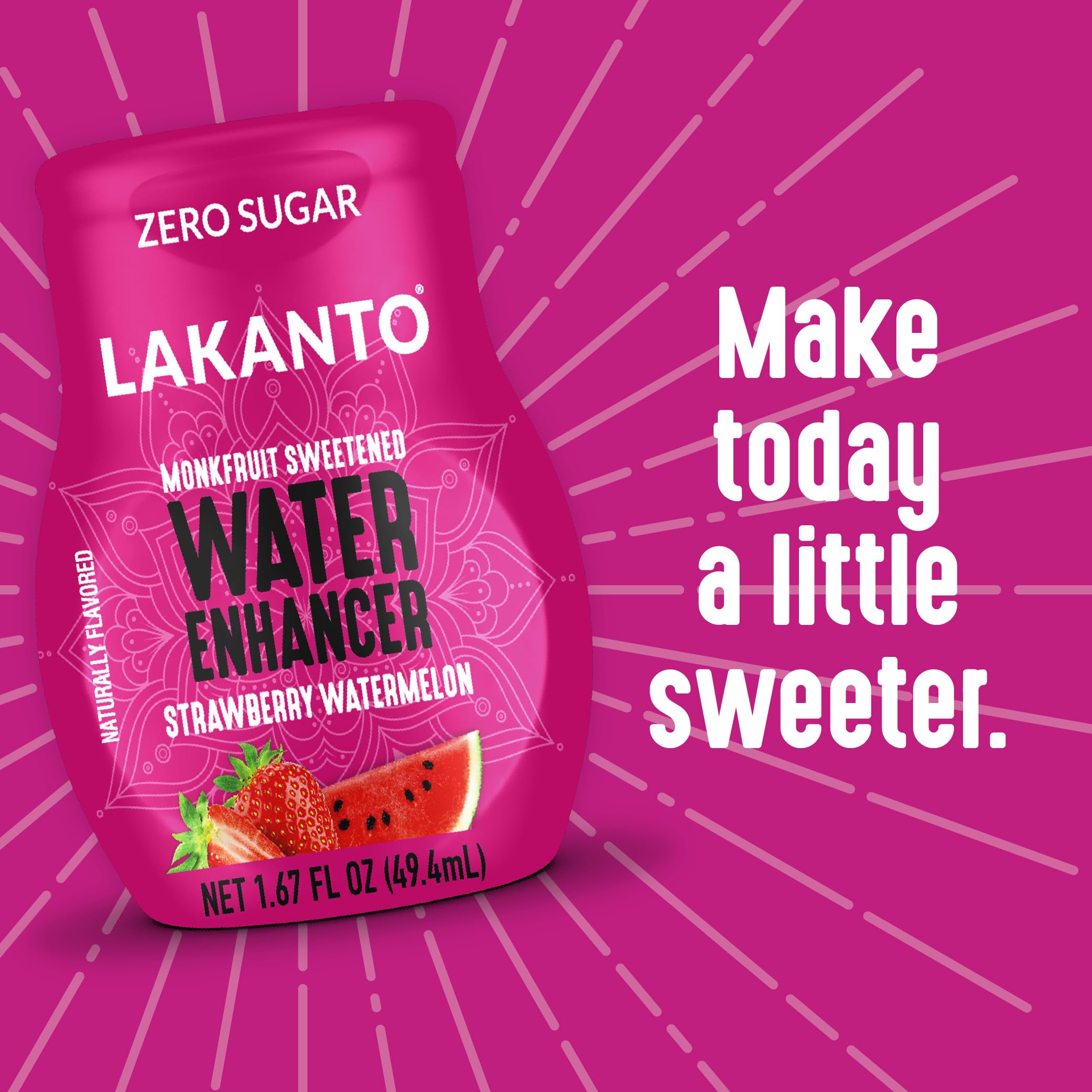Lakanto Water Enhancer label closeup highlights monk fruit and erythritol blend.
