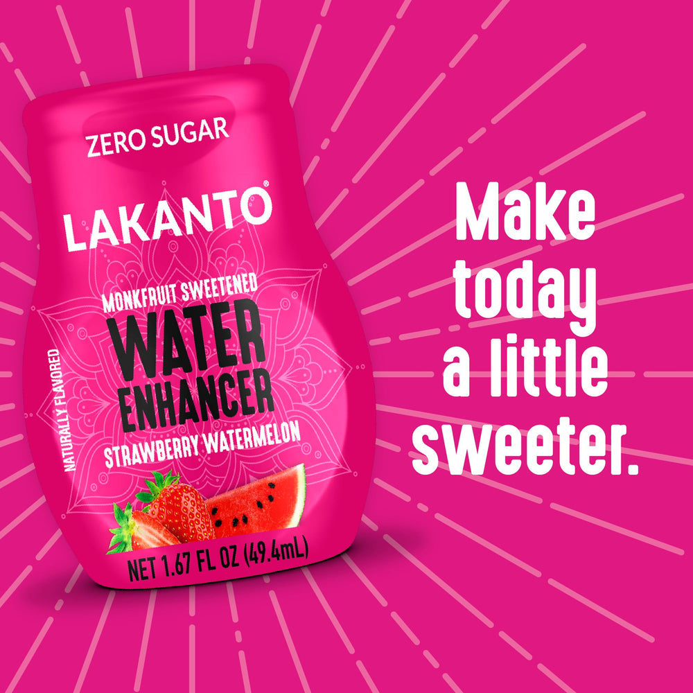 Lakanto Water Enhancer label closeup highlights monk fruit and erythritol blend.