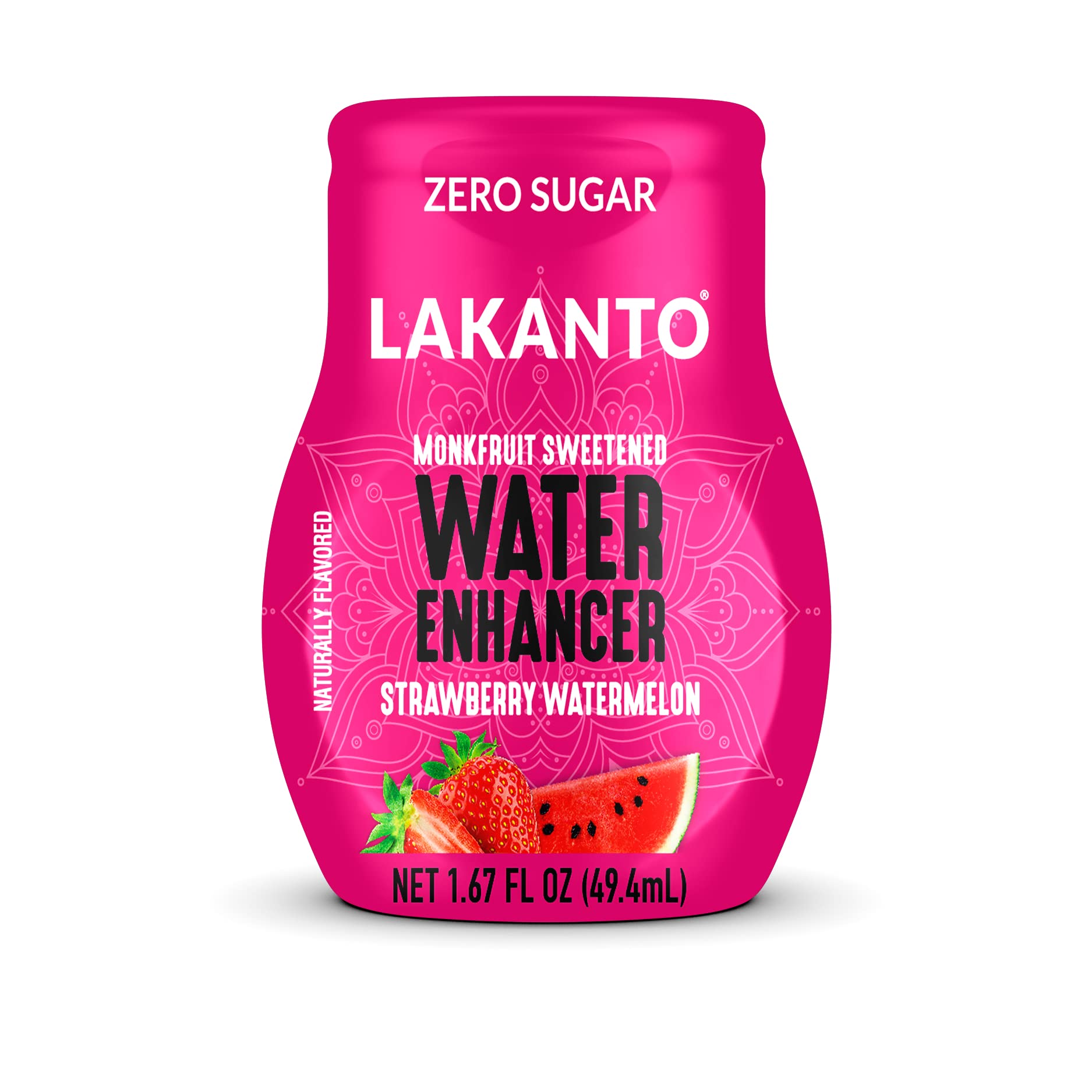 Lakanto Water Enhancer strawberry watermelon bottle showing zero sugar hydration.