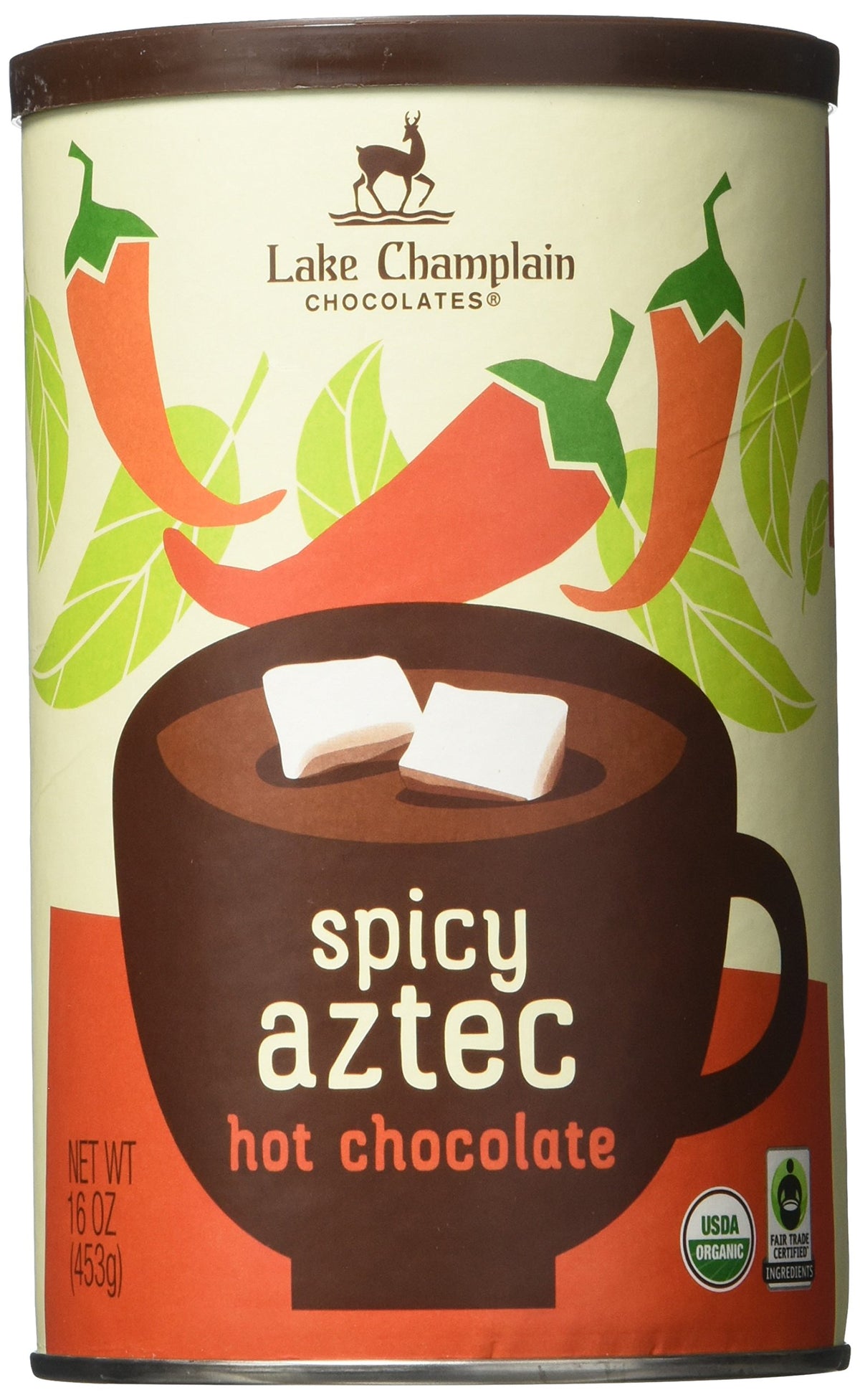 Lake Champlain Chocolates Spicy Aztec Hot Chocolate packaging highlights organic and fair trade ingredients.