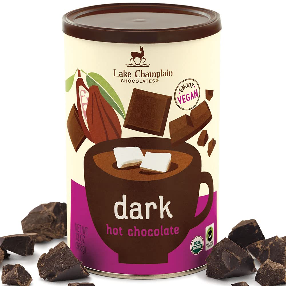 Lake Champlain Organic Vegan Dark Hot Chocolate Mix package front showing fair trade organic ingredients