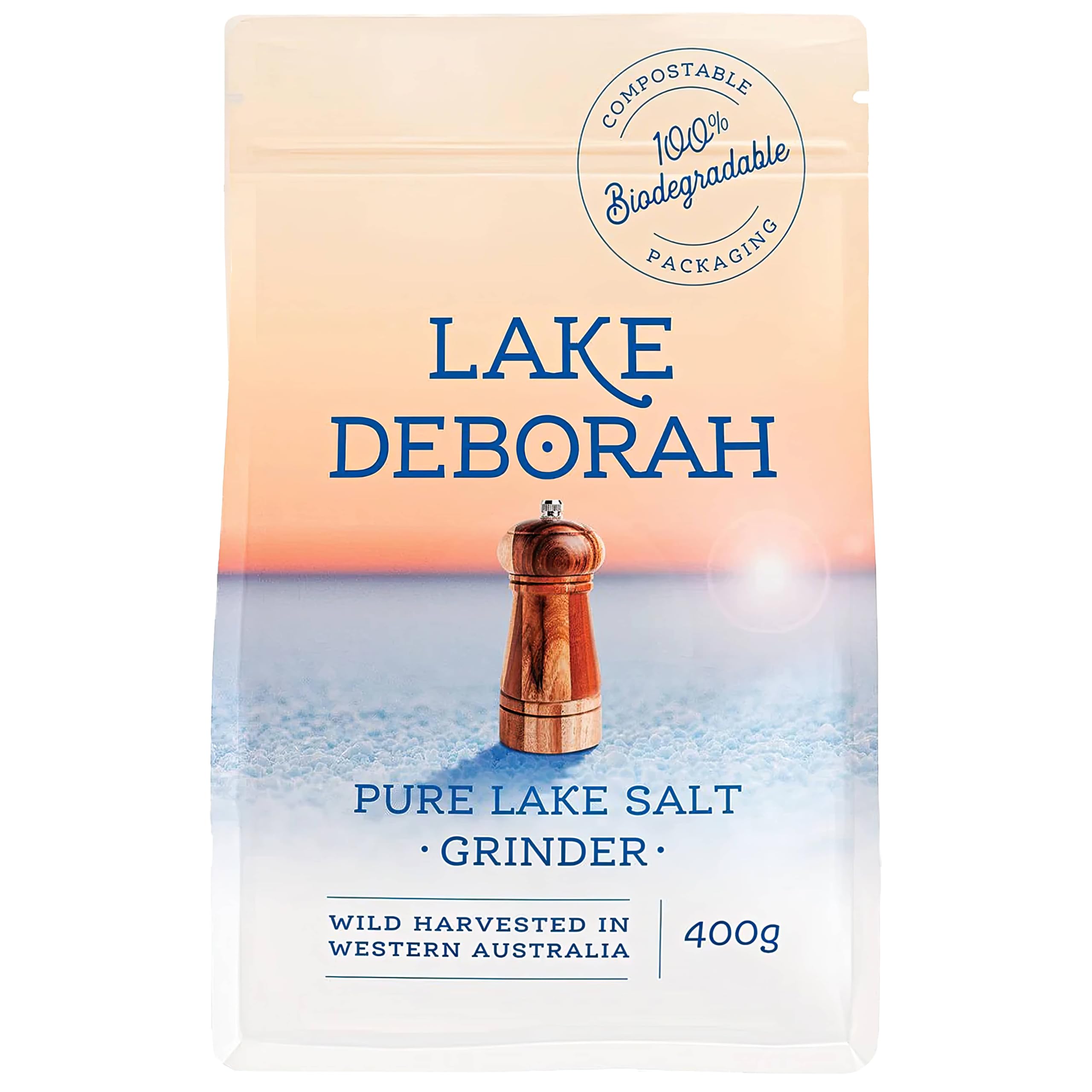 Lake Deborah Pure Mineral Salt packaging emphasizes compostable materials and purity.
