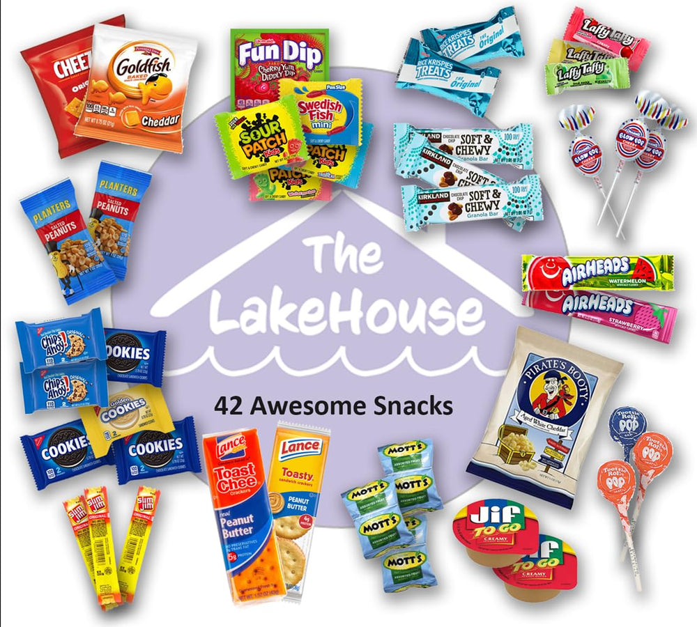 The LakeHouse care-package snacks assortment ready for sharing during dorms and road trips.