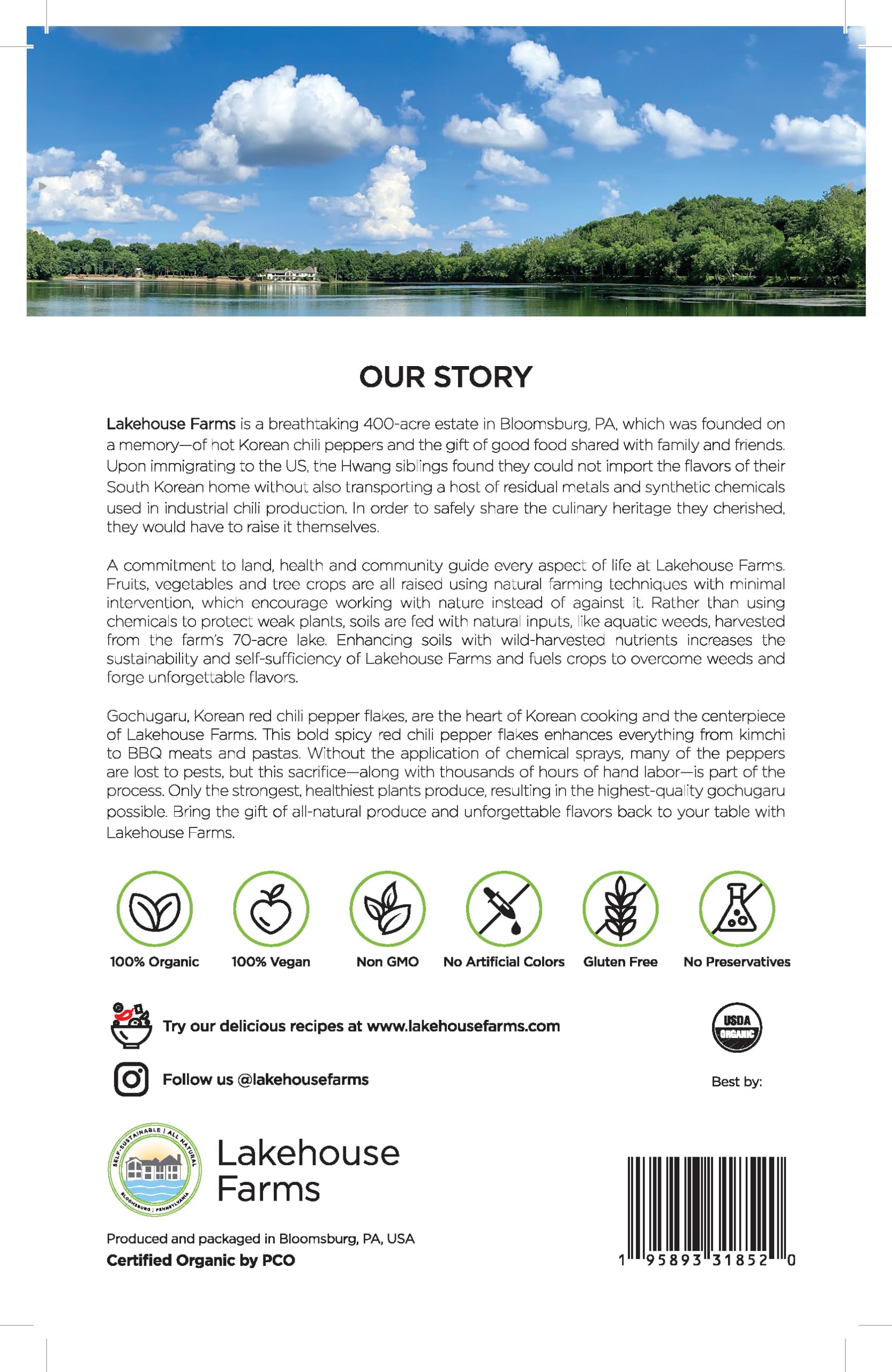 Lakehouse Farms gochugaru fine jar label highlights USDA Organic certification.