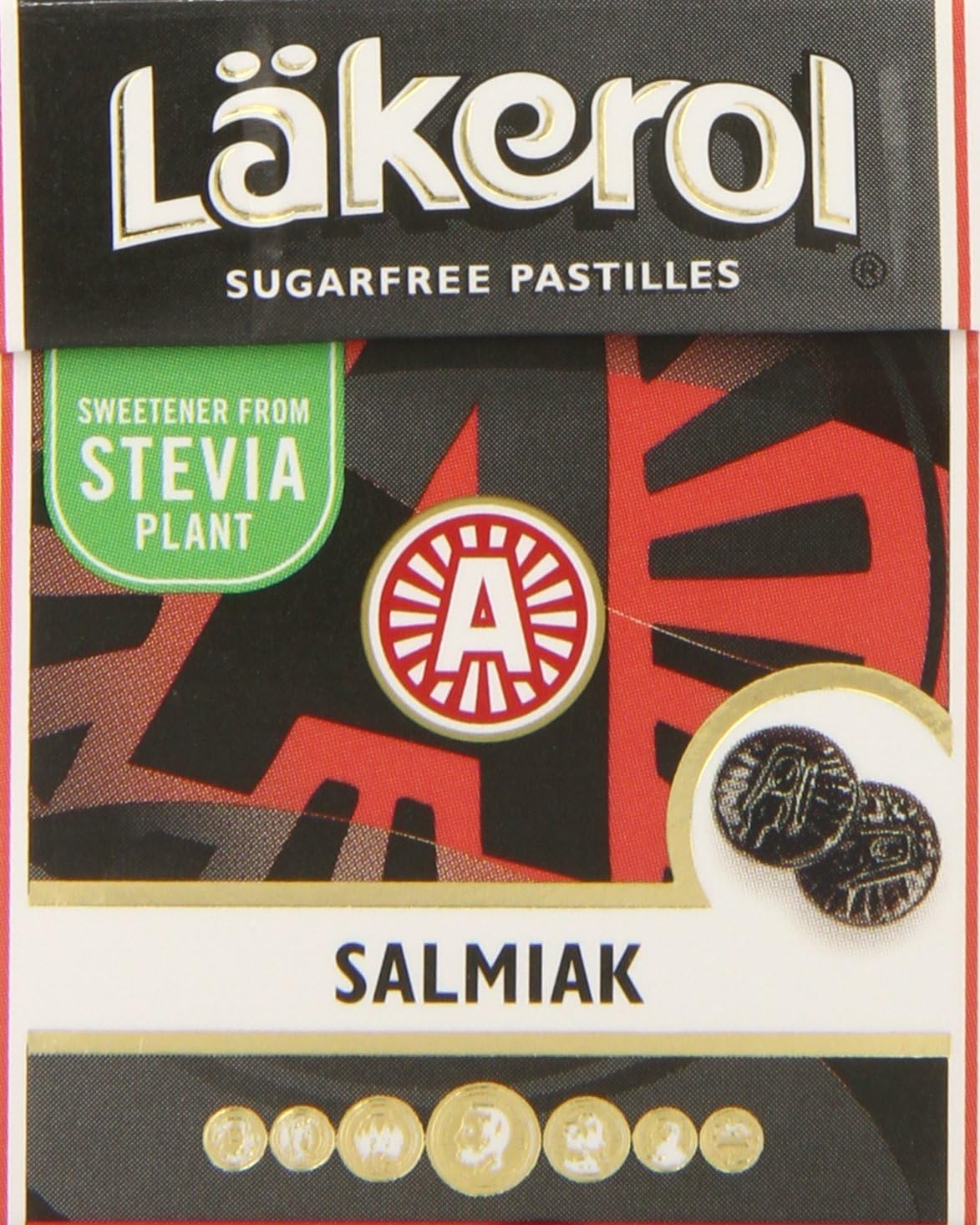 Lakerol Salmiak Original packaging close-up, showcasing a convenient four-box set for on-the-go flavor.