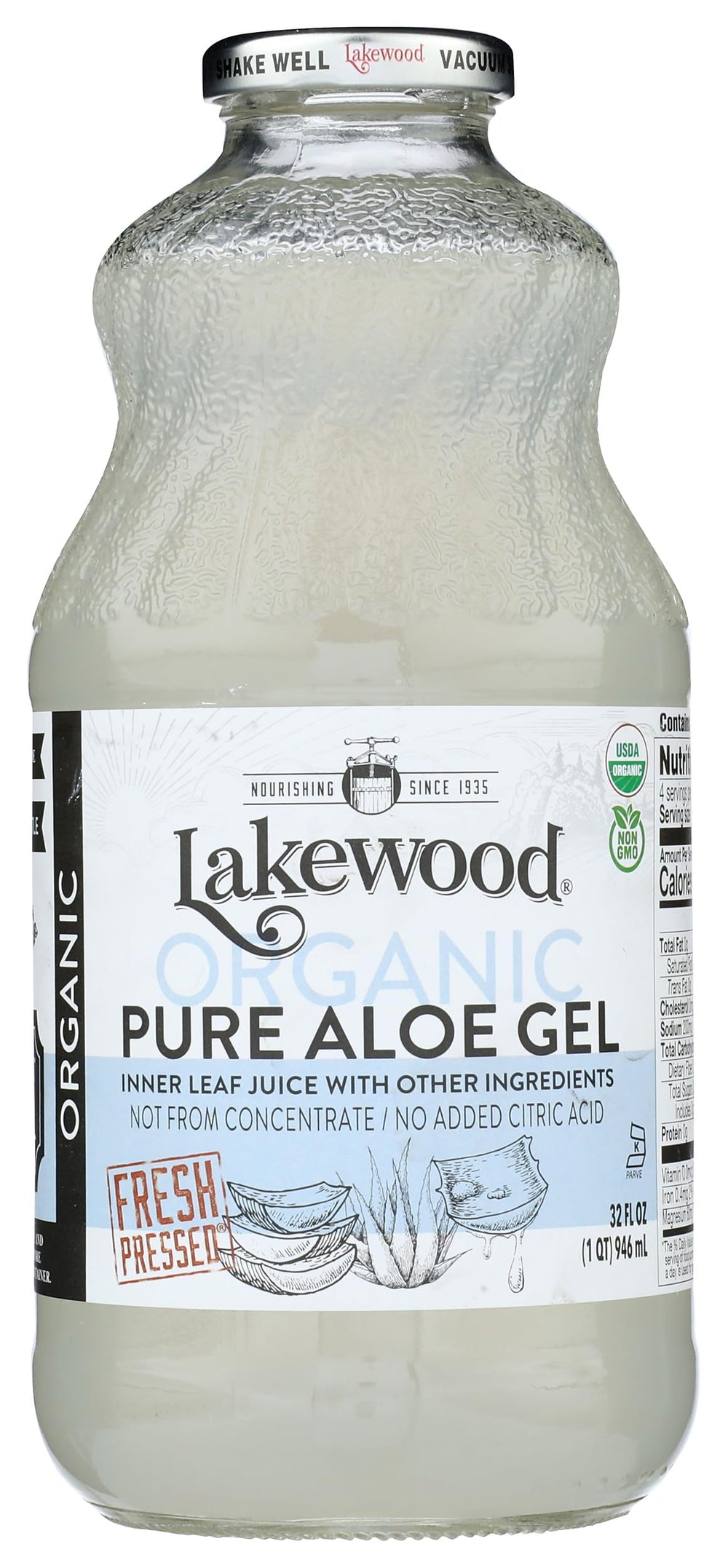 Lakewood Aloe Vera Gel Juice 32 oz bottle, front view, ideal for daily hydration