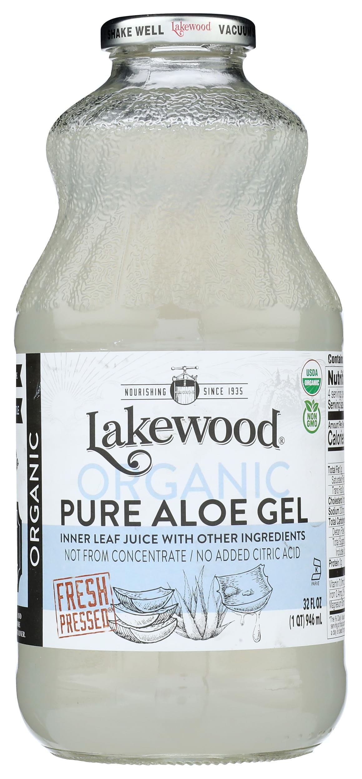 Lakewood Aloe Vera Gel Juice 32 oz bottle, front view, ideal for daily hydration