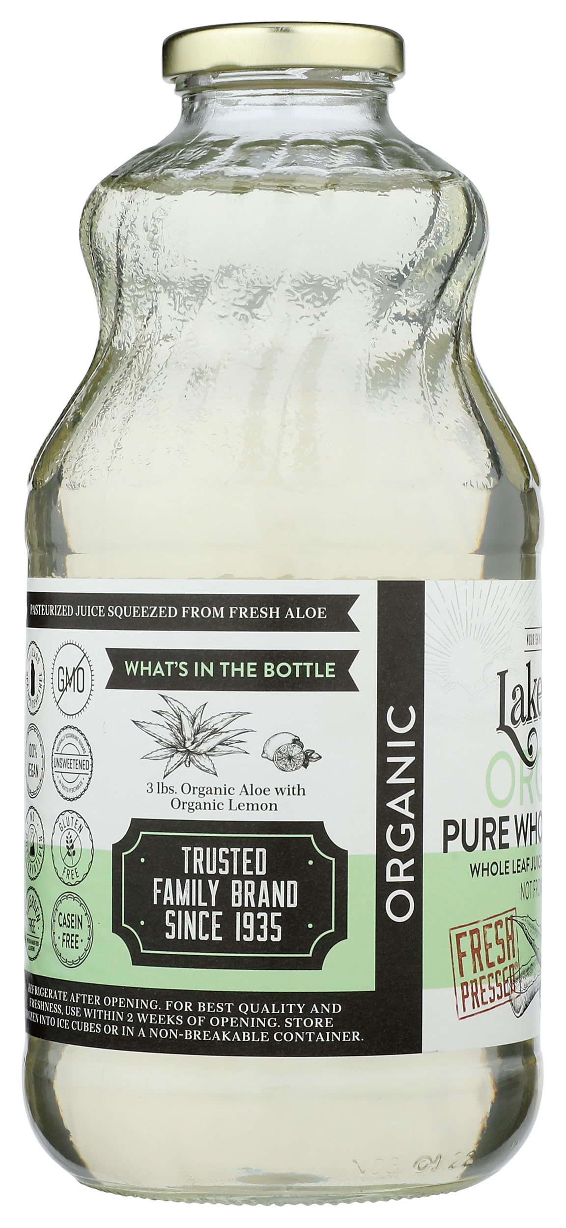 Lakewood Aloe Vera Leaf Juice on kitchen counter ready for daily use