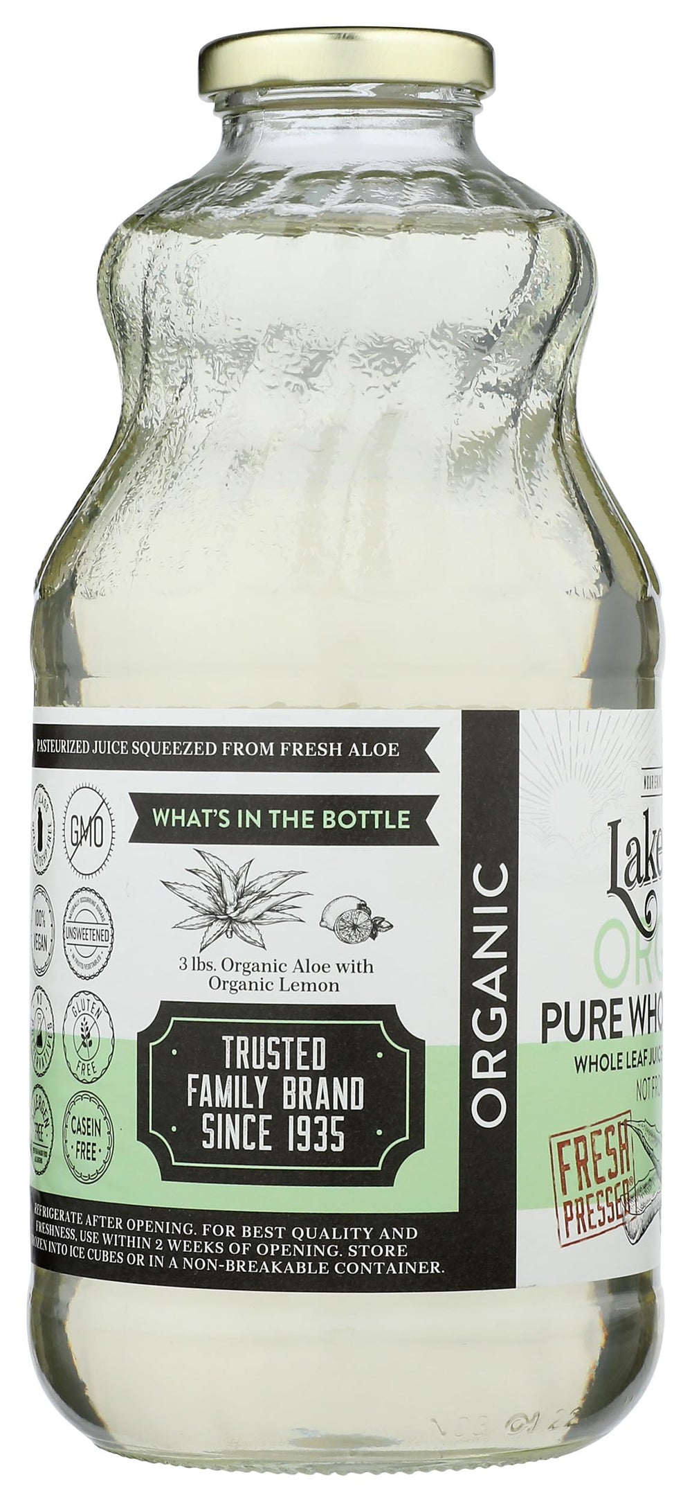Lakewood Aloe Vera Leaf Juice on kitchen counter ready for daily use