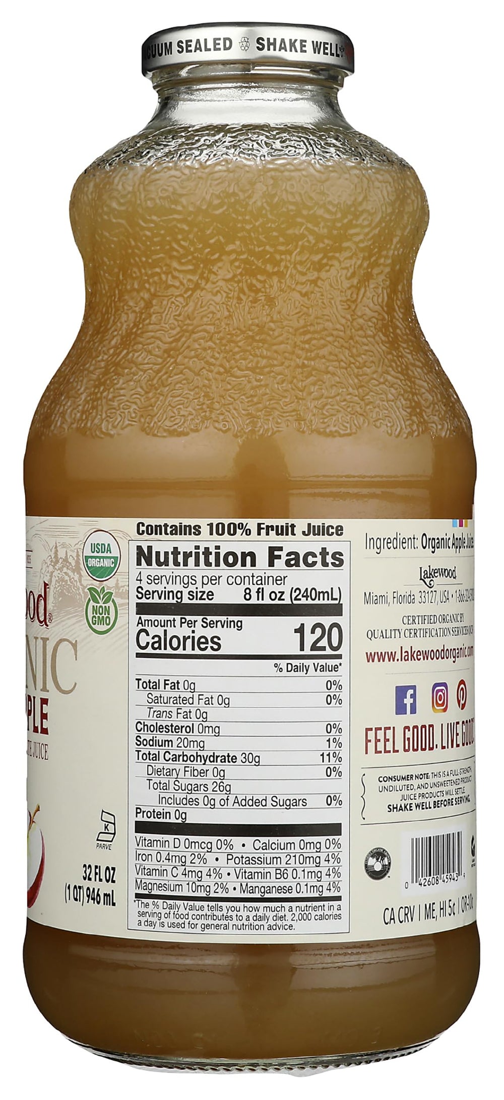 Lakewood Apple Juice bottle on a clean kitchen counter, ready to enjoy.