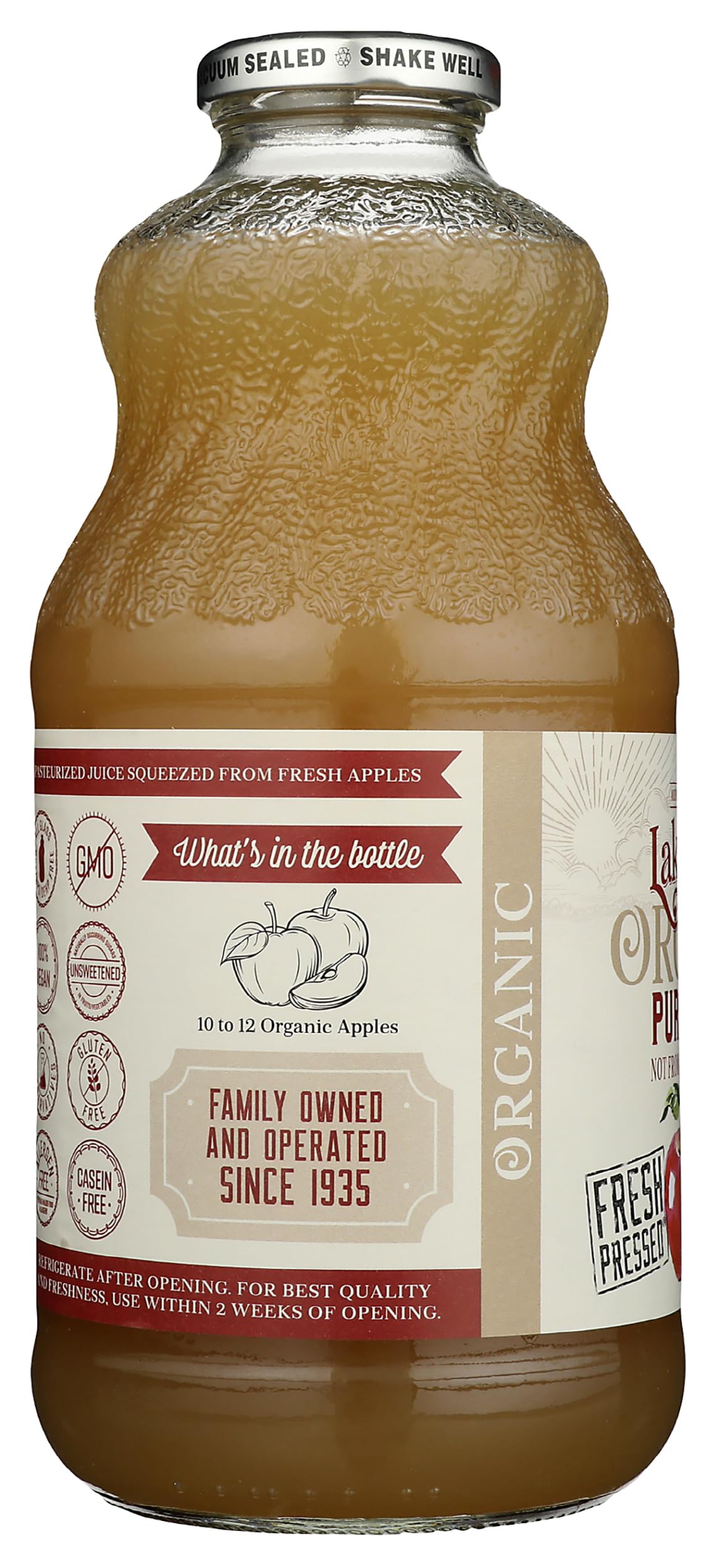 Lakewood Apple Juice ingredients panel closeup for clear labeling and transparency.