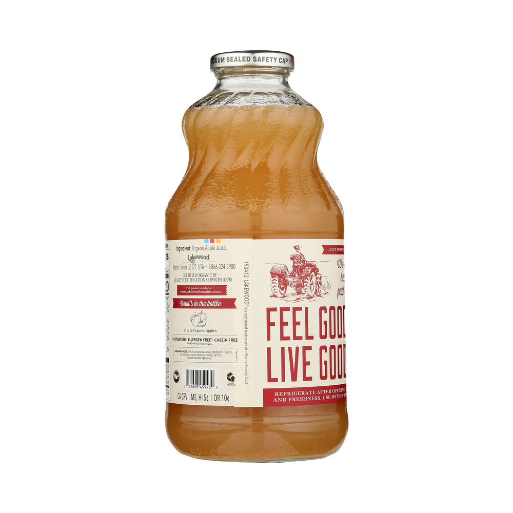 Lakewood Organic Pure Apple Juice 32oz bottle on shelf, a family-friendly breakfast option.