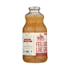 Lakewood Organic Pure Apple Juice 32oz bottle on shelf, a family-friendly breakfast option.