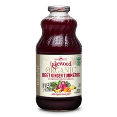 Lakewood Beet Ginger Turmeric Juice bottle front, vibrant color and fresh appeal.