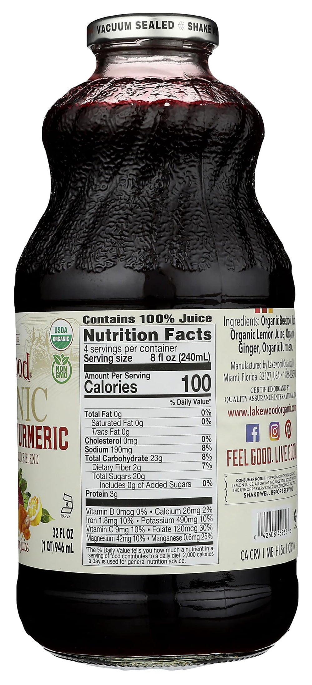 Lakewood label close-up shows organic beet, ginger, and turmeric ingredients.