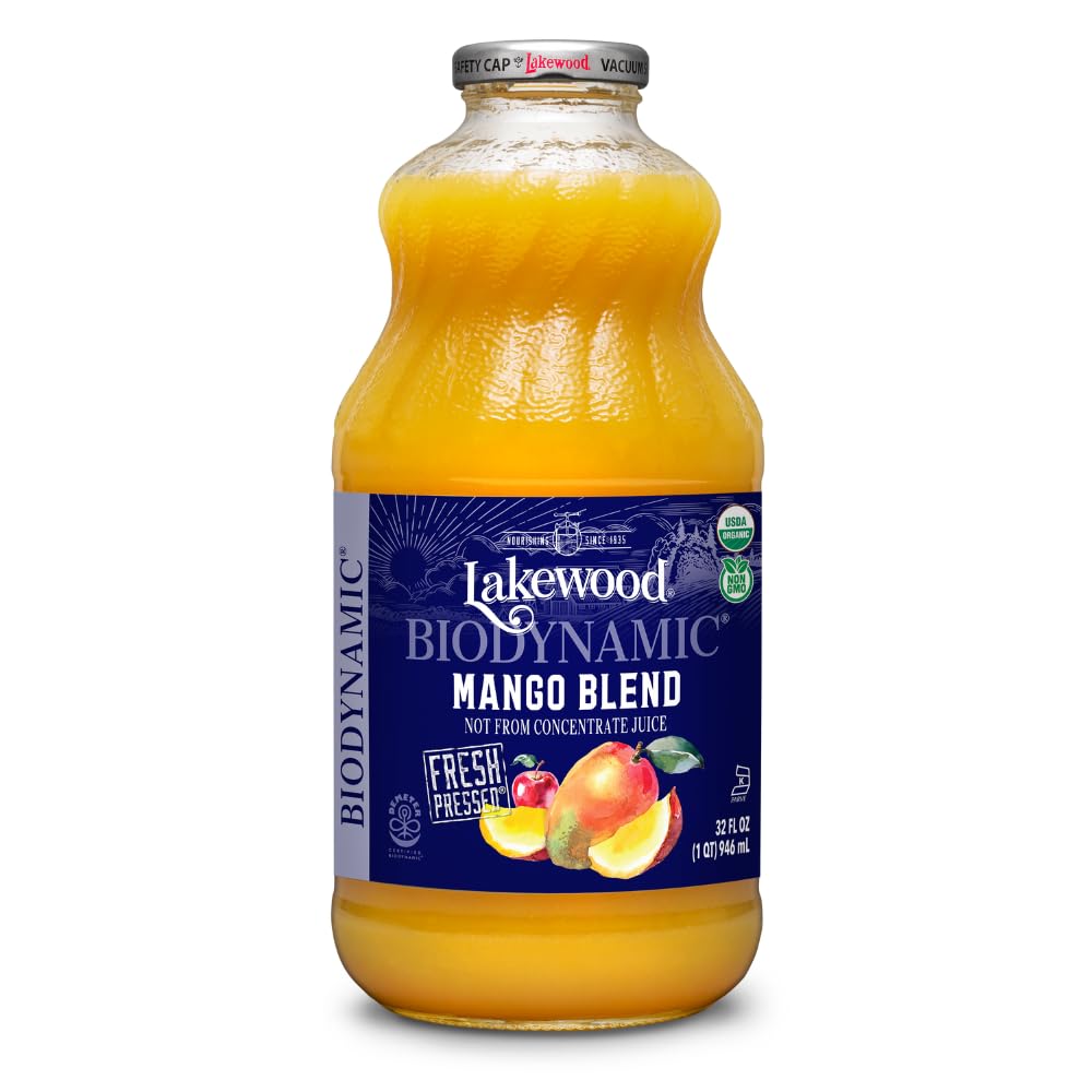 Lakewood Biodynamic Mango Nectar bottle showing premium biodynamic fruit blend for refreshing drinks