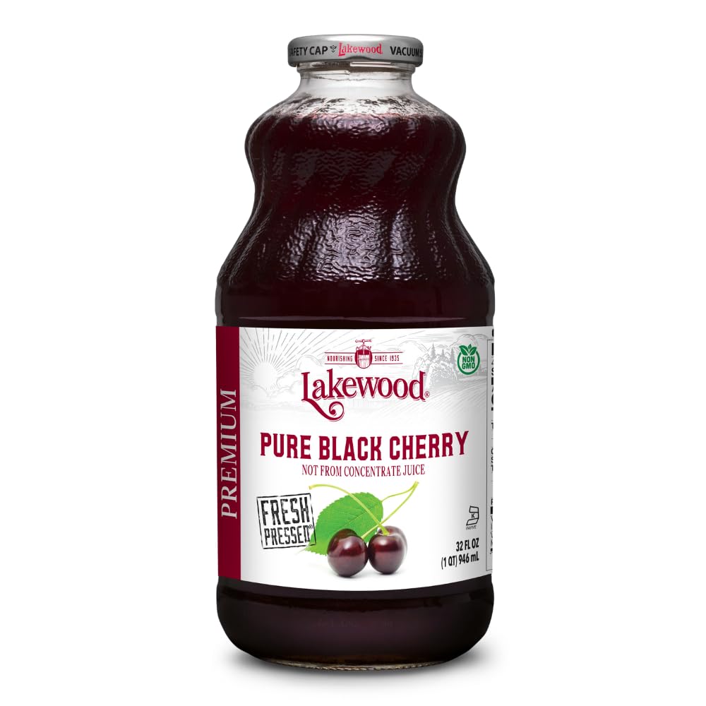 Lakewood black cherry juice bottle shows pure, 100% juice.