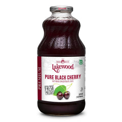 Lakewood black cherry juice bottle shows pure, 100% juice.