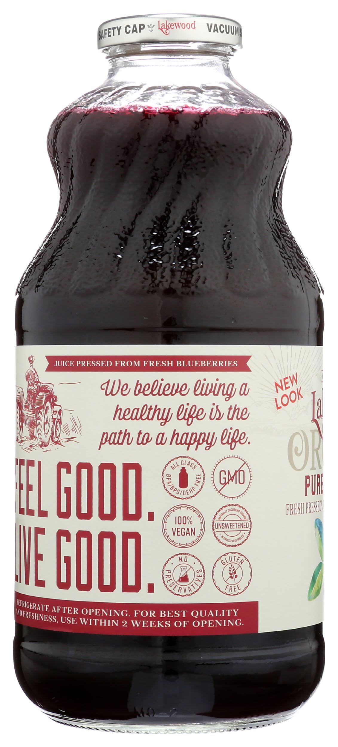 Lakewood Blueberry Juice bottle on kitchen counter, family-friendly refreshment.