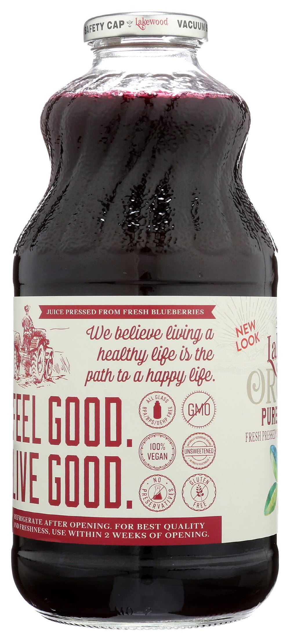Lakewood Blueberry Juice bottle on kitchen counter, family-friendly refreshment.